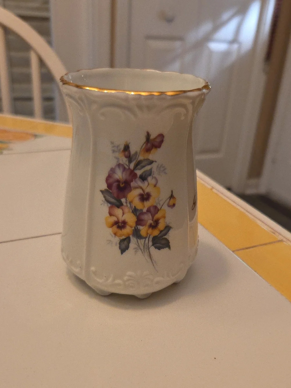 Porcelain Floral Vase with Gold Trim - Cream and Purple